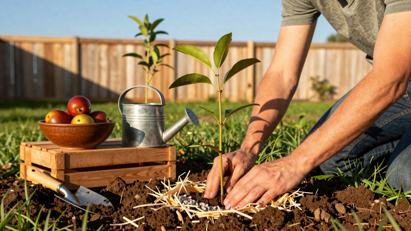 Pessoa plantando muda de árvore em jardim com regador, frutas e utensílio de jardinagem ao lado.