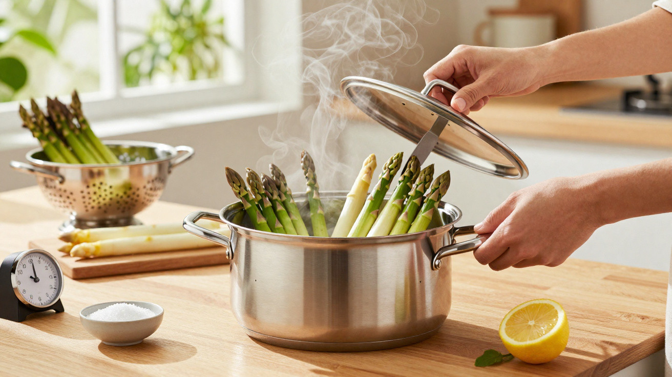 Mãos abrindo tampa de panela com aspargos verdes e brancos cozinhando, vapor sobre mesa de madeira.