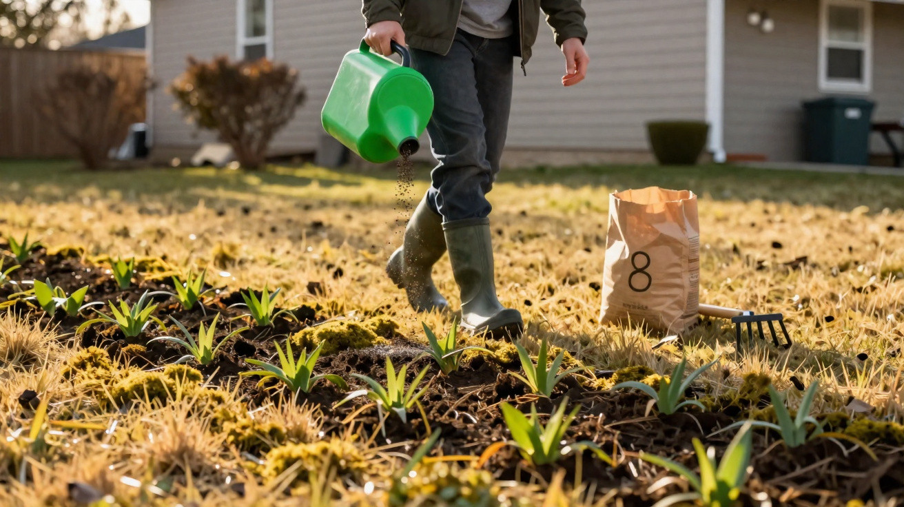 Pessoa regando plantas jovens em jardim com regador verde em área externa residencial.