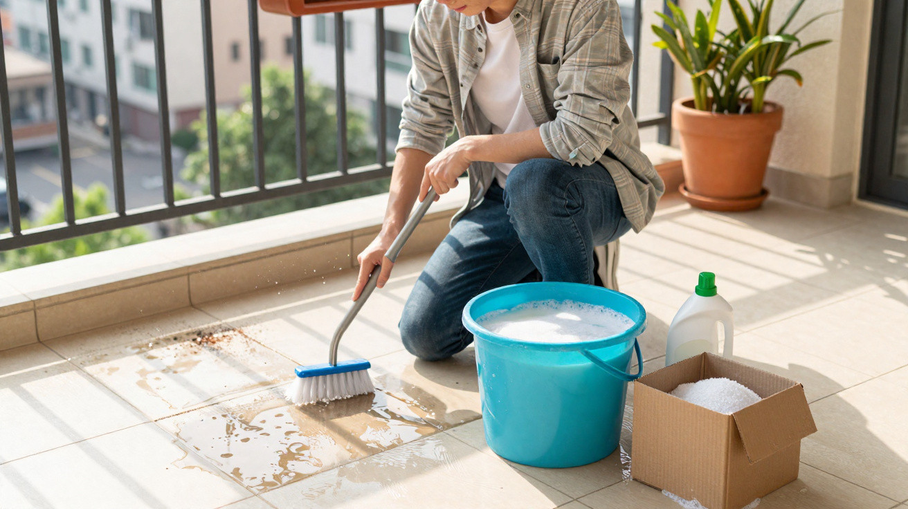 Pessoa limpando o chão da varanda com escova, balde azul com água e produtos de limpeza ao lado.