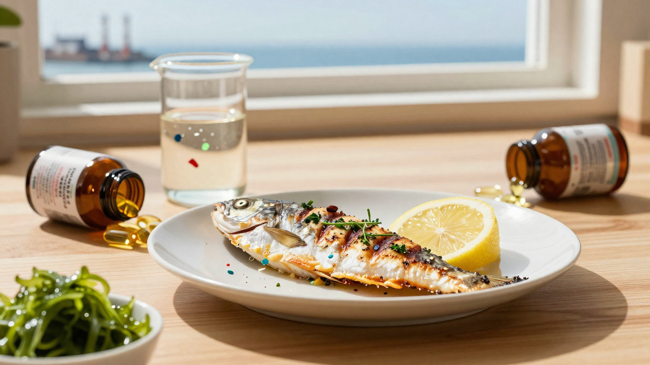 Peixe grelhado com limão servido em prato branco, dois frascos de suplementos e um copo d'água ao fundo.