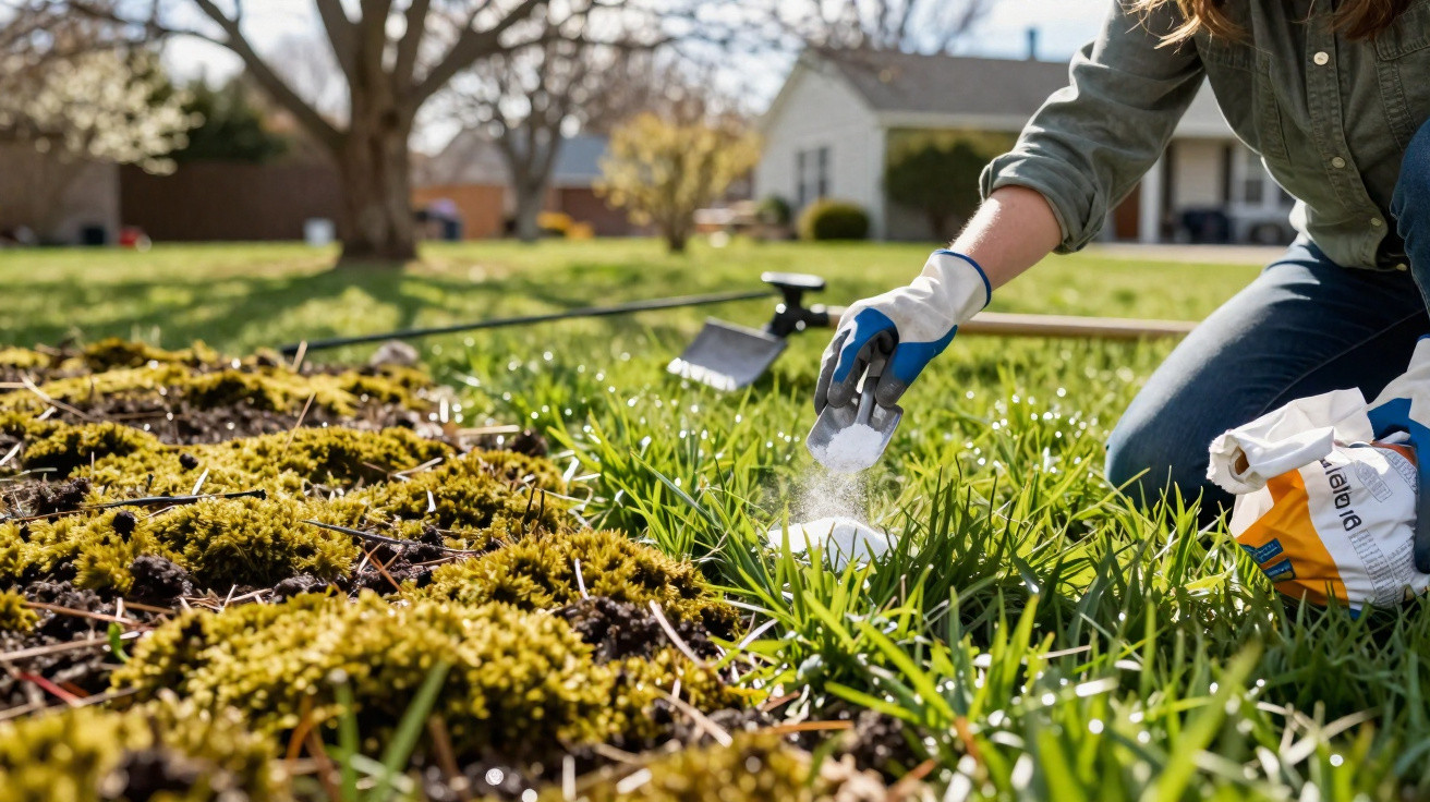 Pessoa aplicando fertilizante com luvas em jardim com grama e musgos ao sol.