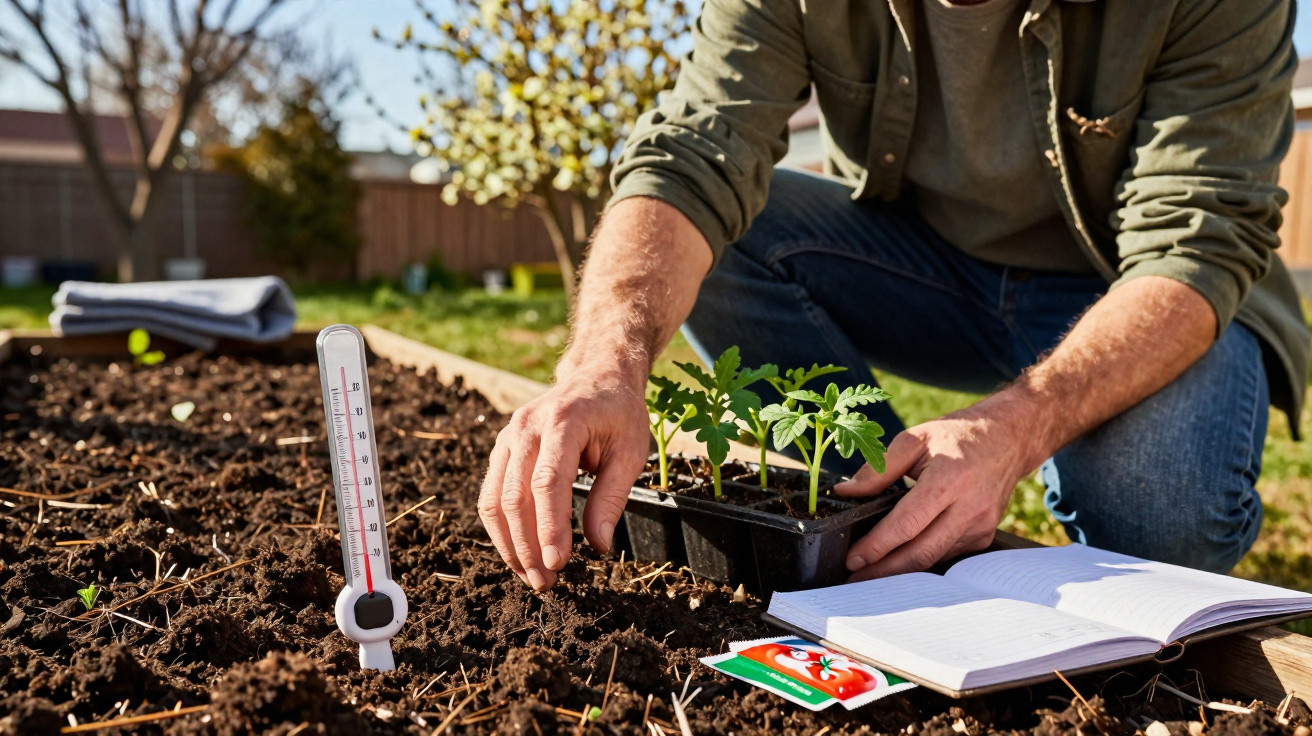 Pessoa plantando mudas em canteiro de jardim com termômetro de solo e caderno aberto ao lado.