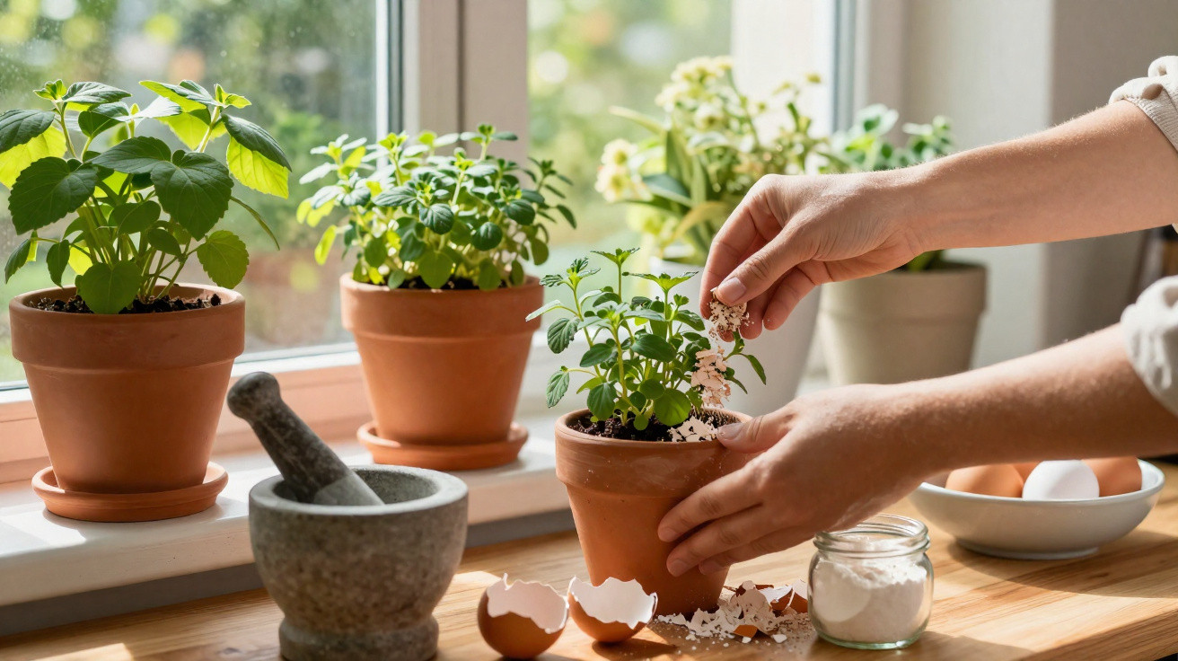 Mãos polvilhando cascas de ovos trituradas em vaso com planta, ao lado de outros vasos e utensílios na bancada.