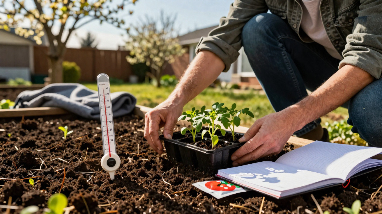 Pessoa transplantando mudas em jardim com termômetro de solo e caderno aberto ao lado.