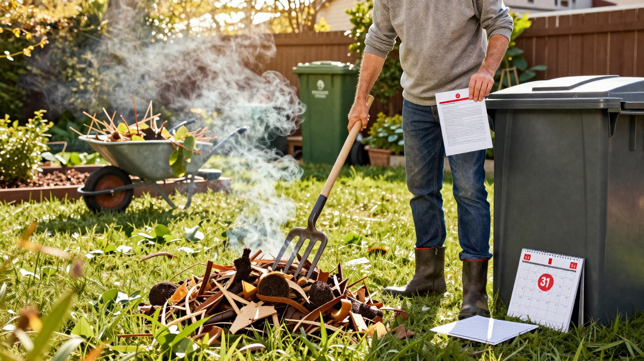 Pessoa usando garfo para mexer fogo em jardim com folhas secas e lixo ao redor em dia ensolarado