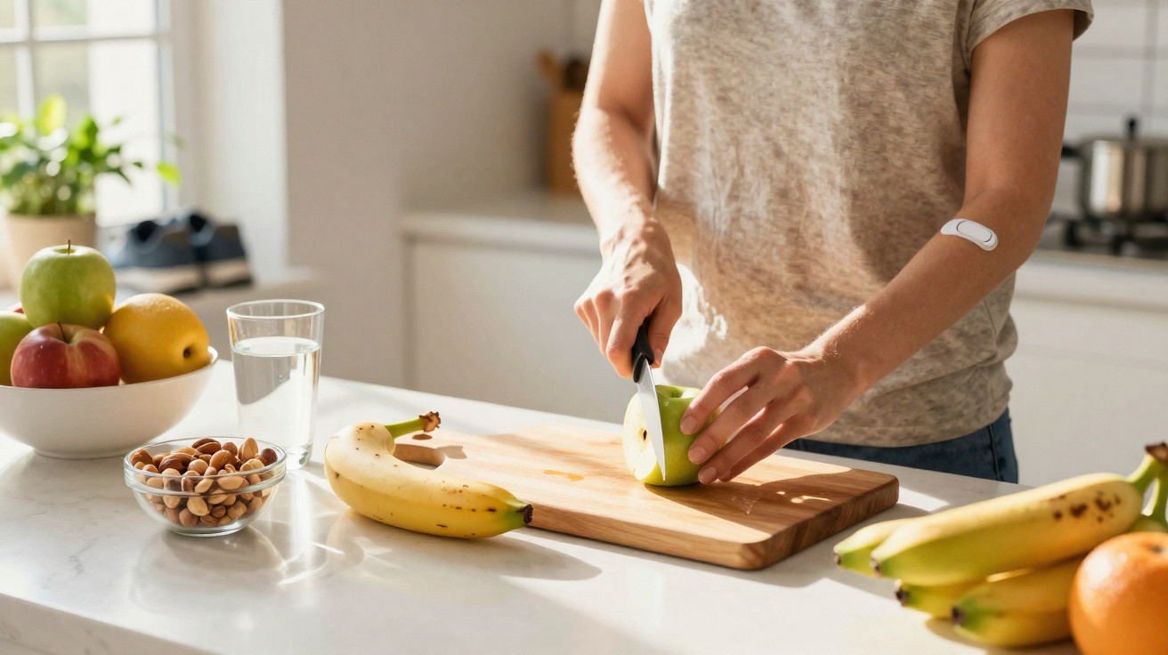 Pessoa cortando maçã verde em tábua de madeira na cozinha com frutas, água e castanhas sobre a bancada.