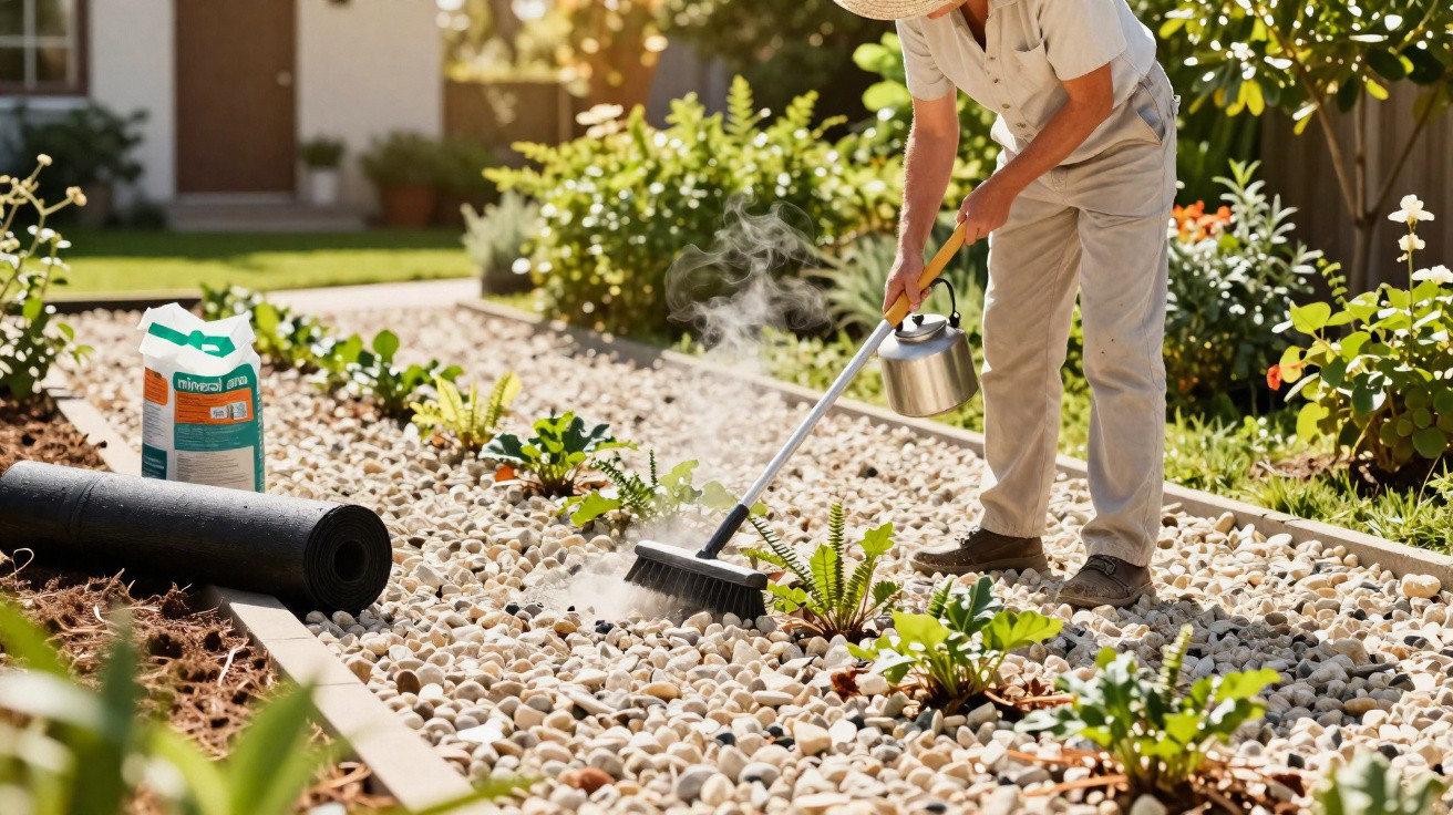 Pessoa limpando pedras com vassoura e borrifador em jardim com plantas e saco de produto mineral ao lado.