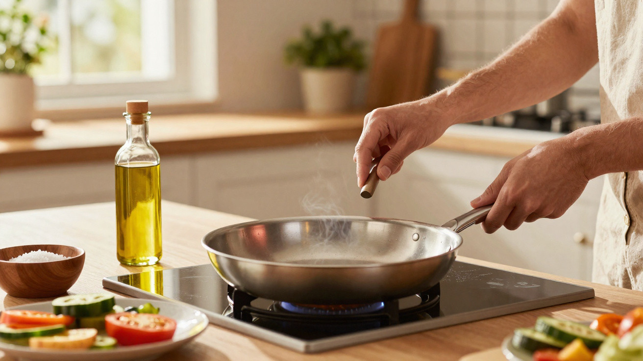Pessoa temperando frigideira quente em fogão na cozinha com ingredientes frescos ao redor.