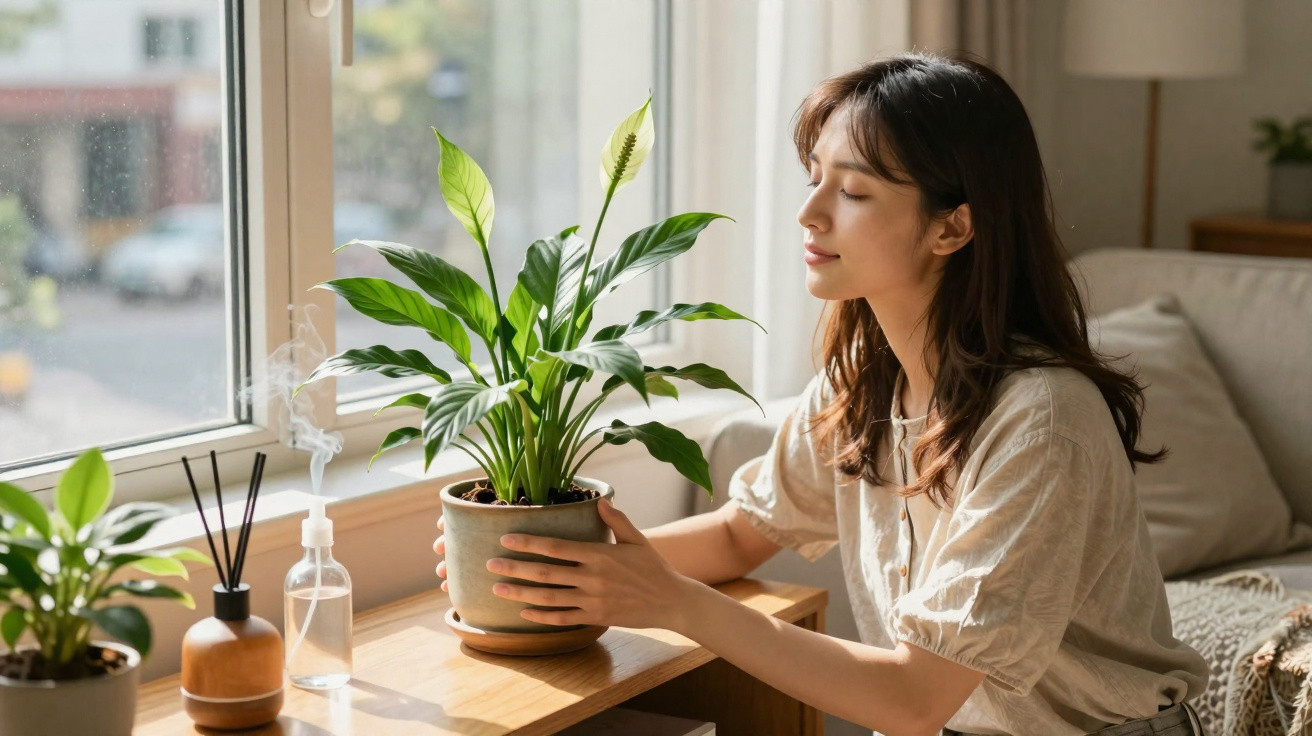 Mulher cuidando de planta em vaso junto à janela em ambiente iluminado e acolhedor.