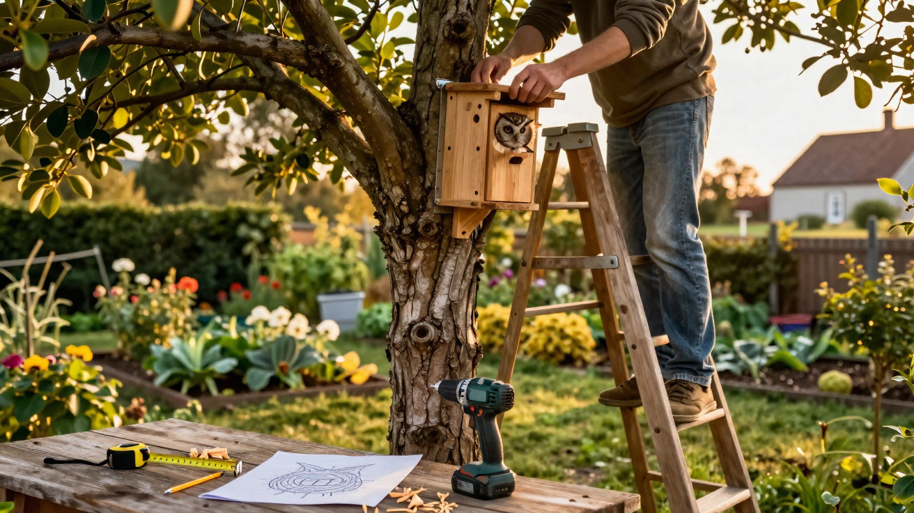 Pessoa instala casinha de madeira para coruja em árvore de jardim florido ao entardecer.