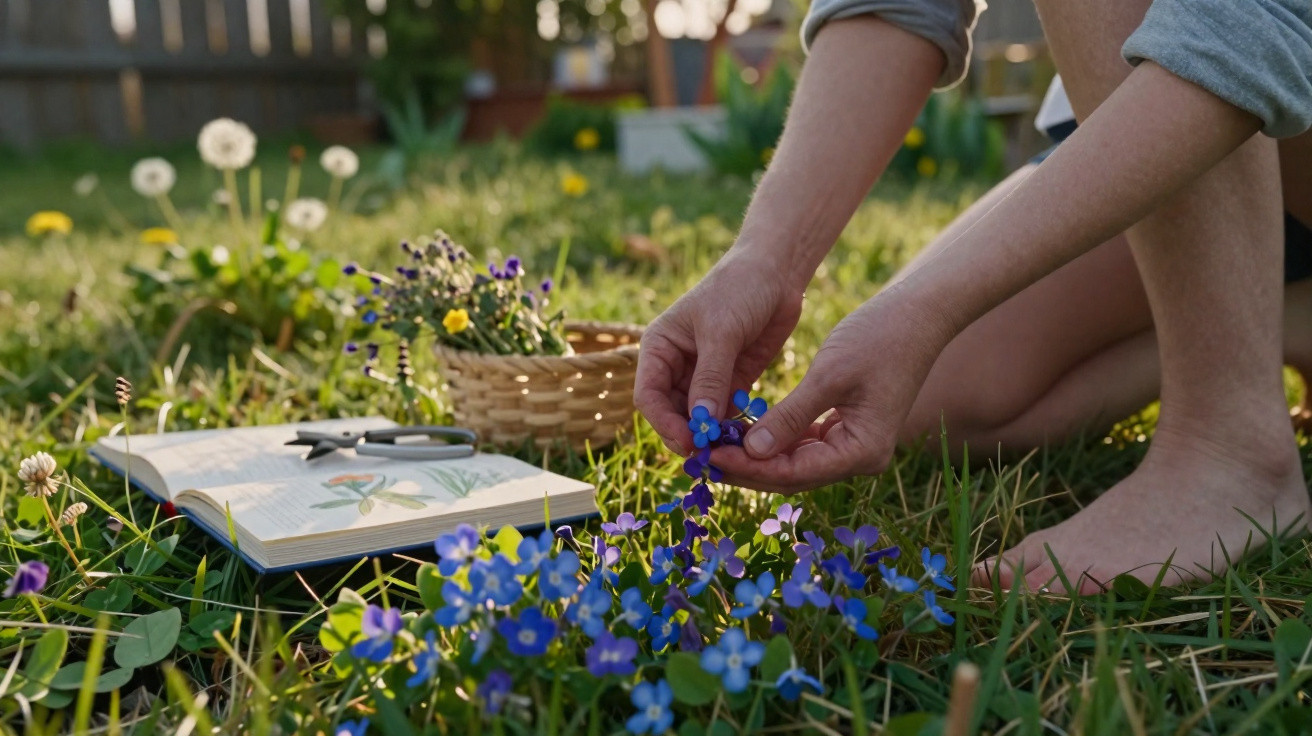 Pessoa colhendo flores roxas no jardim ao lado de livro aberto com ilustrações botânicas.