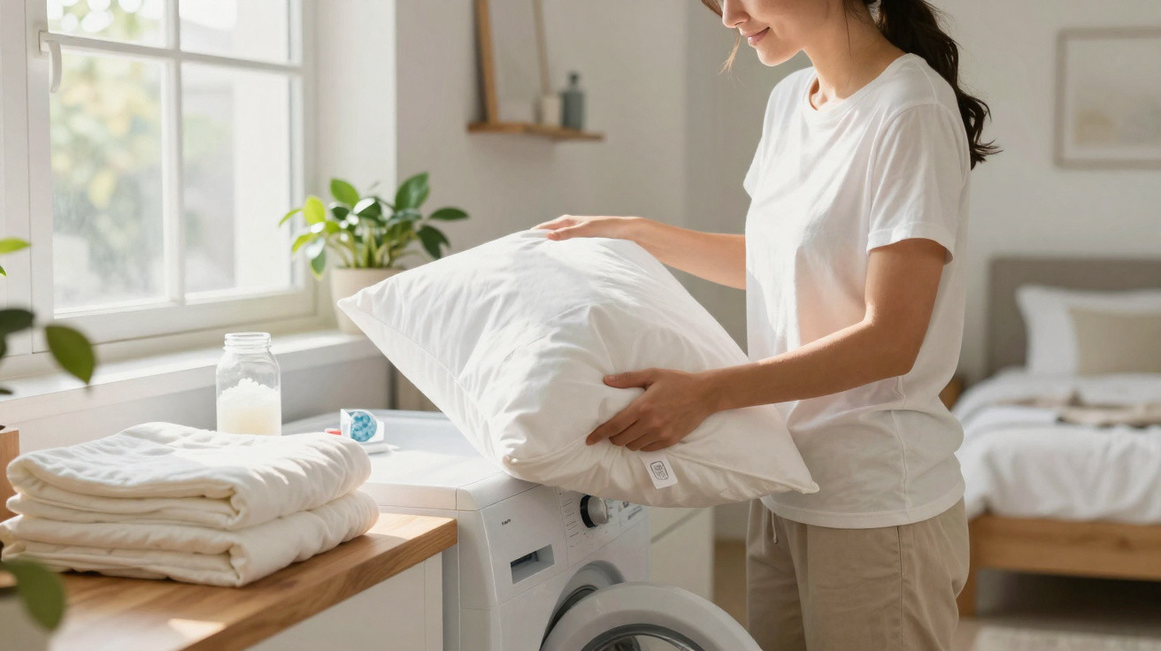 Pessoa colocando travesseiro branco em máquina de lavar roupas em ambiente claro e organizado.