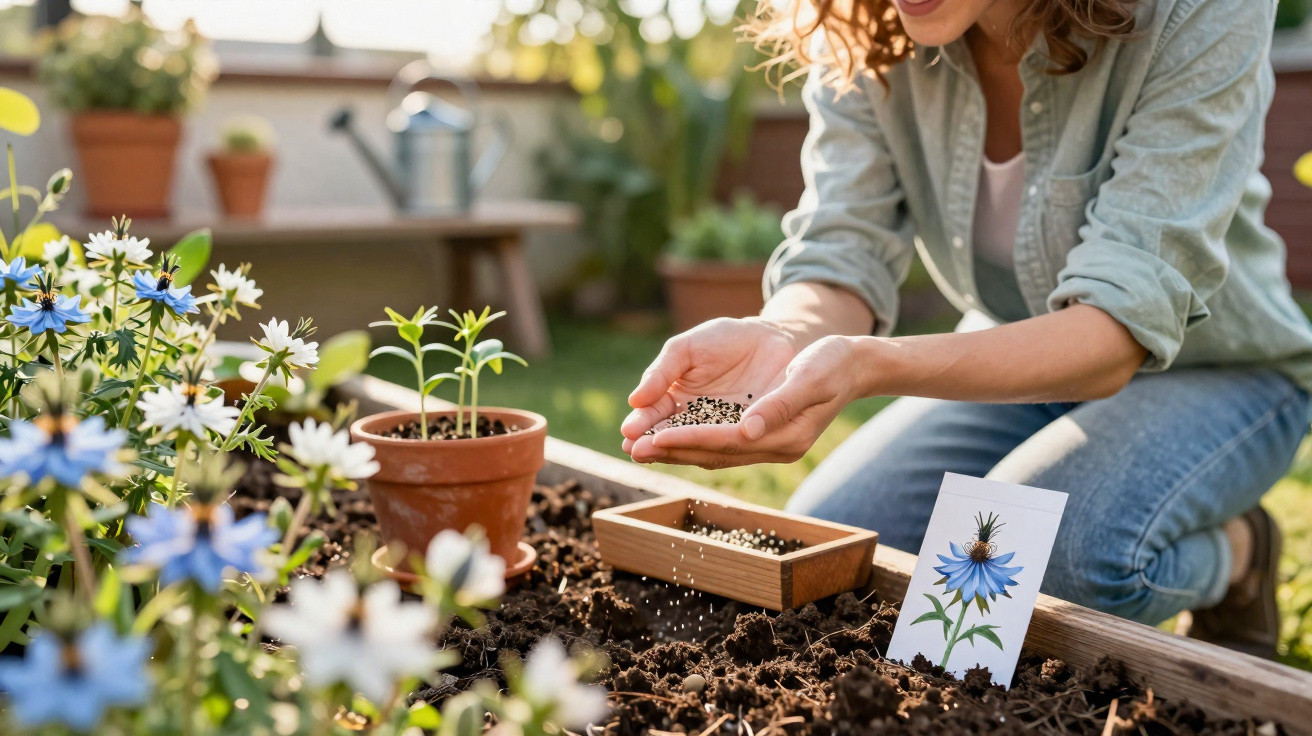 Mulher sem rosto plantando sementes em canteiro de flores com vasinhos e etiqueta ilustrando flor azul.