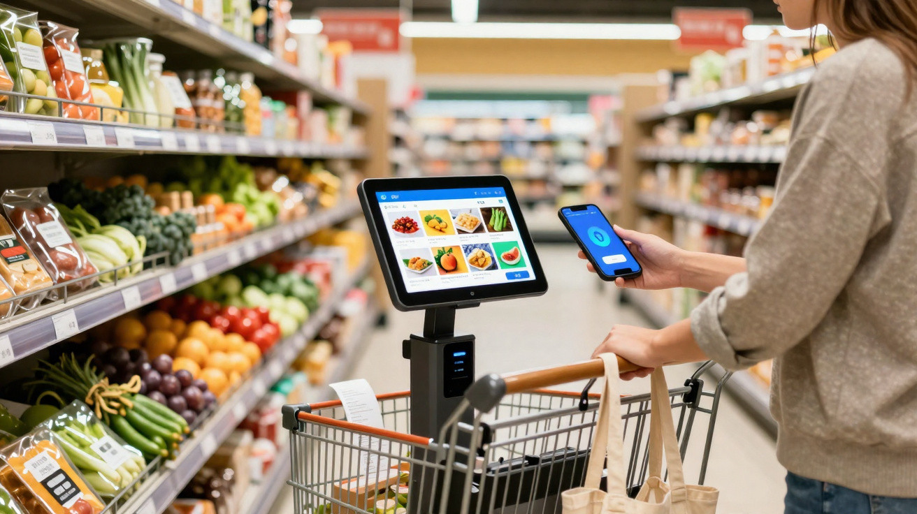 Mulher usando smartphone para pagar em caixa automático no supermercado, com carrinho cheio de produtos.