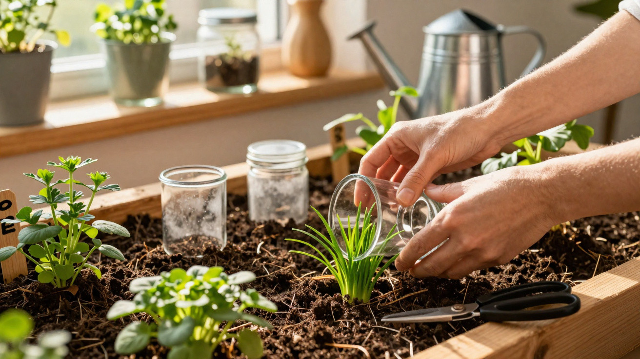 Mãos cuidando de plantas em vaso de madeira com terra, frascos de vidro e tesoura sobre a mesa próxima à janela.