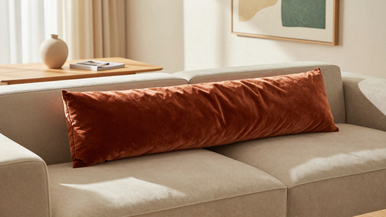 Sofá bege com almofada longa e marrom em sala iluminada com mesa e quadro ao fundo.