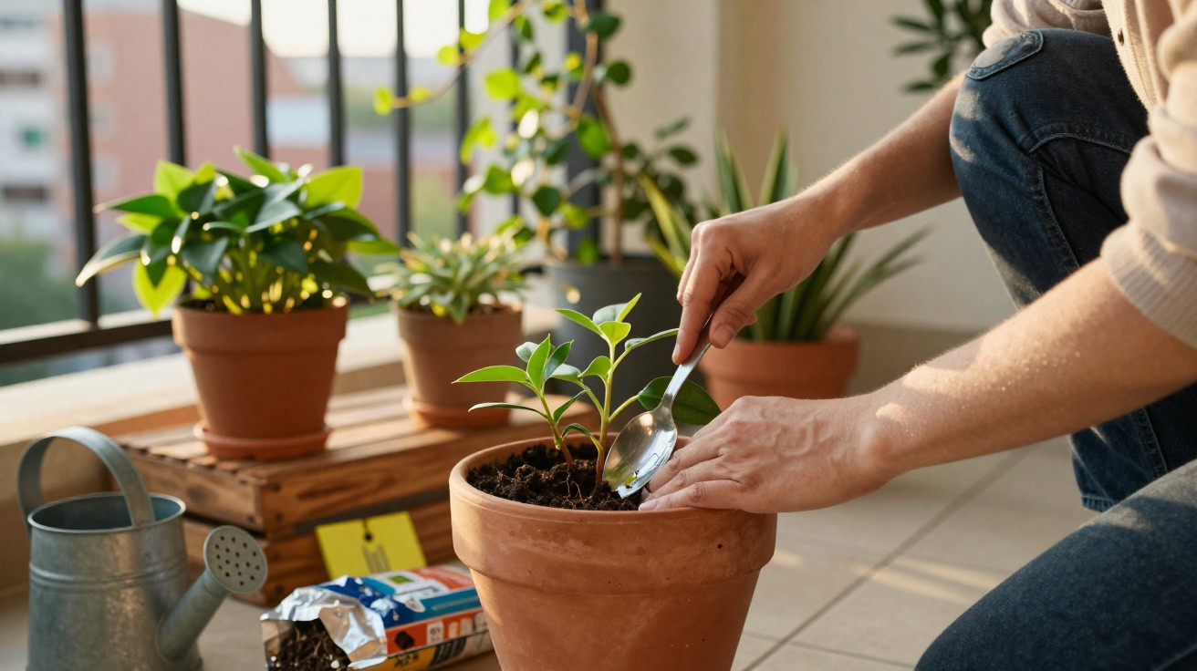 Pessoa cultivando muda em vaso de barro em varanda com outras plantas e regador ao lado.