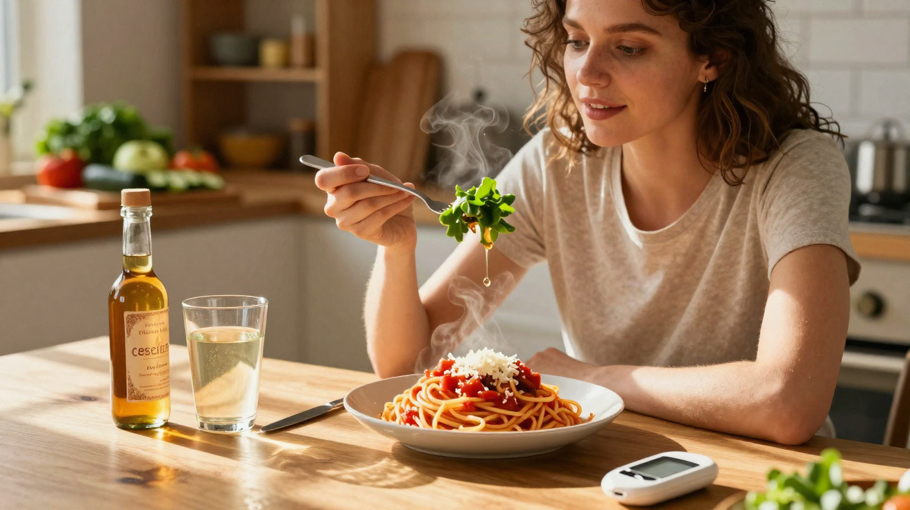 Mulher comendo espaguete com molho de tomate e verduras na cozinha, junto a um medidor de glicose.