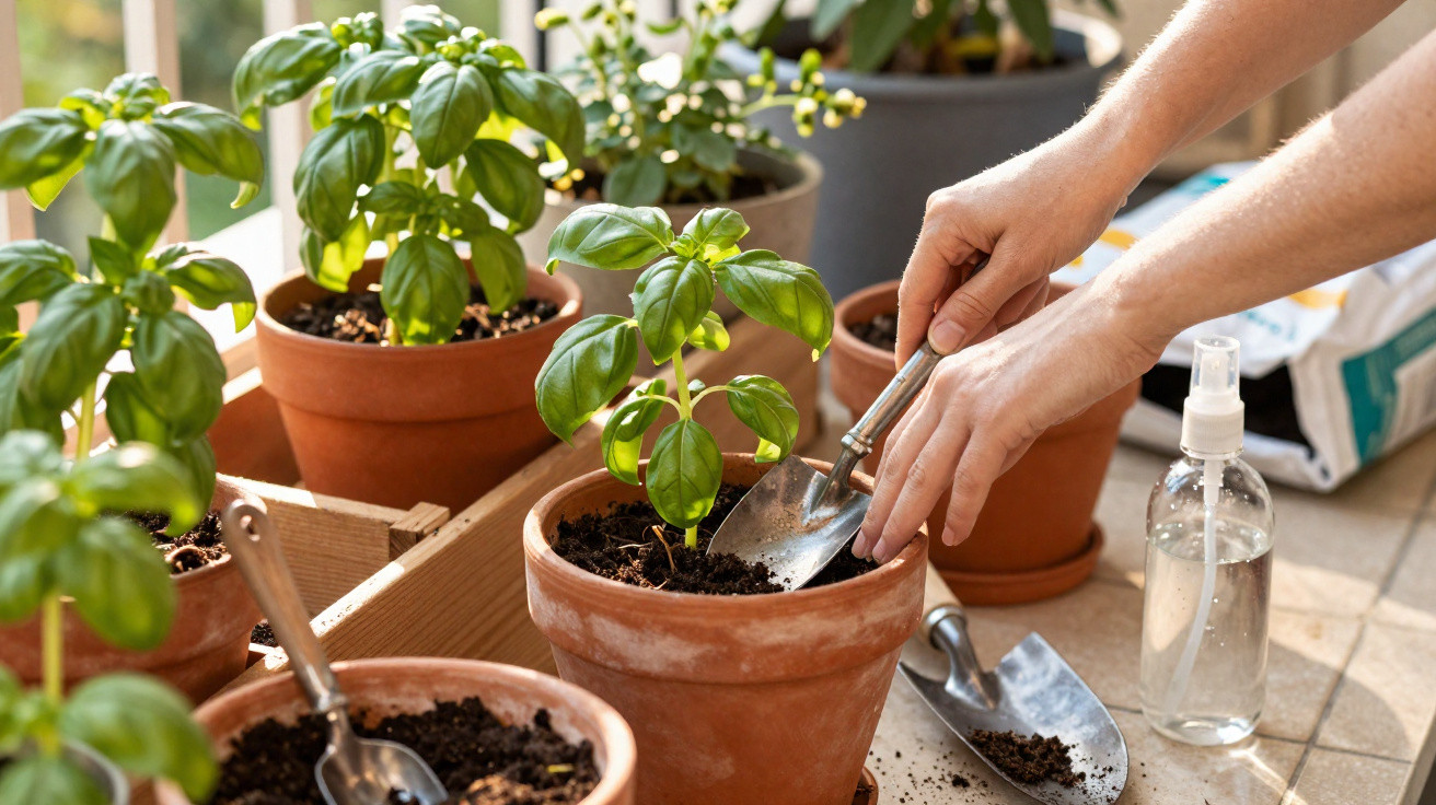 Mãos cuidando de plantas em vasos de barro, usando pequenas pás para mexer a terra em varanda ensolarada.