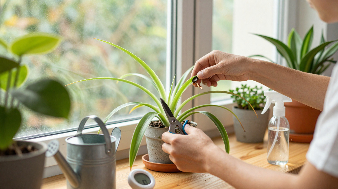 Pessoa podando planta em vaso perto da janela com regador e borrifador ao lado.