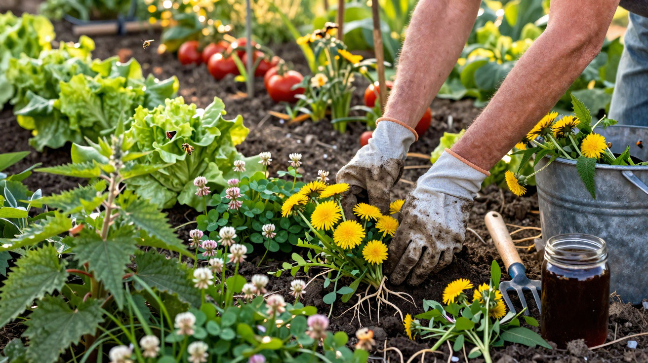 Pessoa removendo dentes-de-leão em jardim com legumes, flores, ferramentas e jarra com líquido escuro.