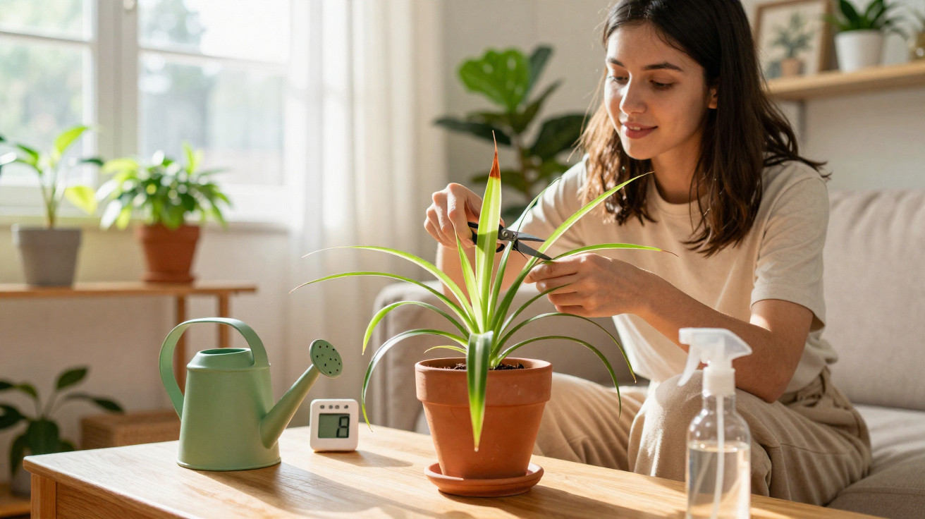 Mulher cuidando de planta em vaso de cerâmica em ambiente interno com regador e borrifador na mesa.