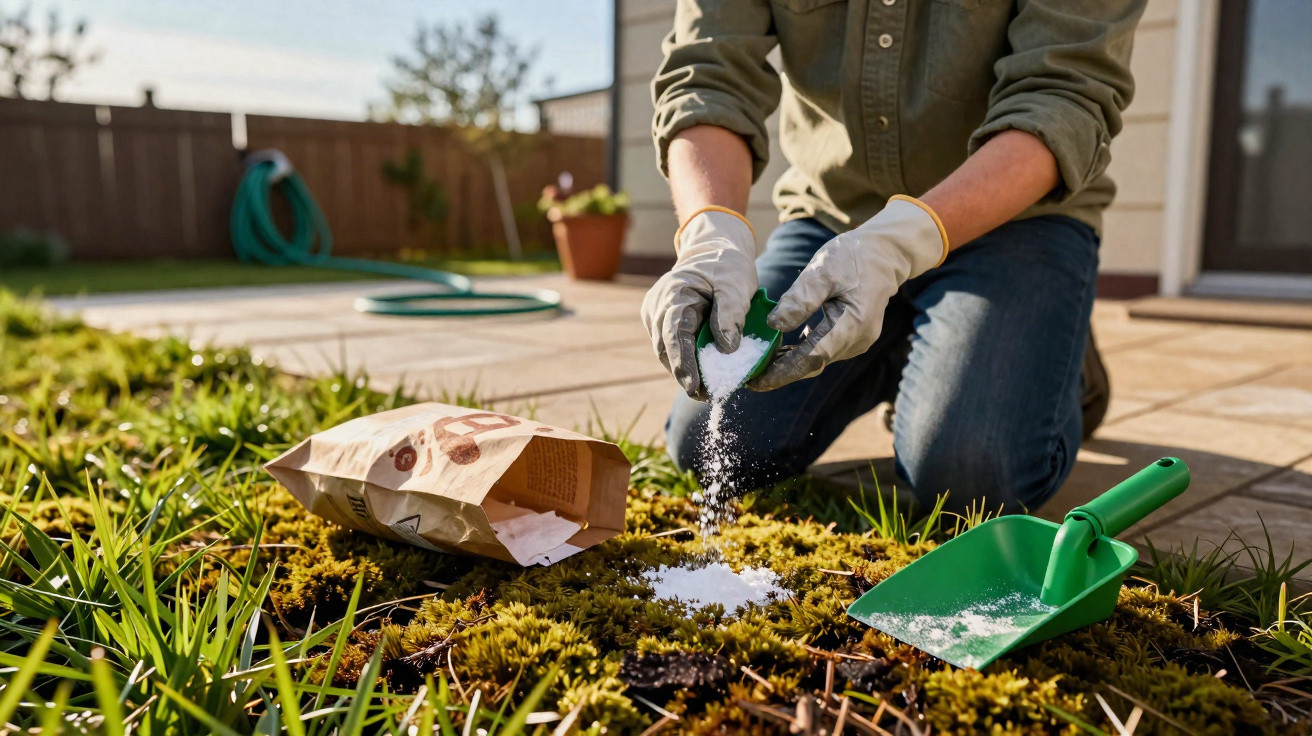 Pessoa aplicando fertilizante branco em plantas de jardim com luvas e pá verde ao lado.