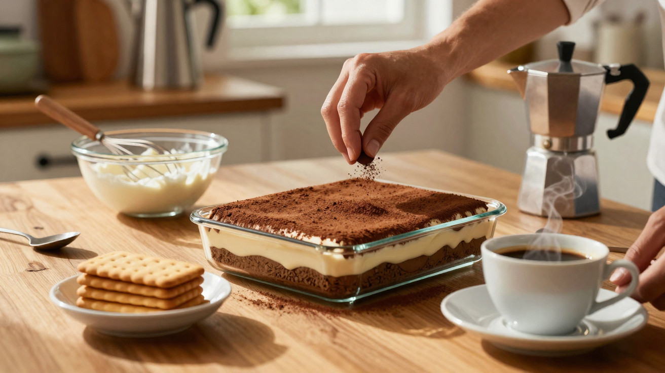 Pessoa polvilhando cacau em sobremesa de creme e chocolate em travessa de vidro na mesa de madeira com café, biscoitos e uten