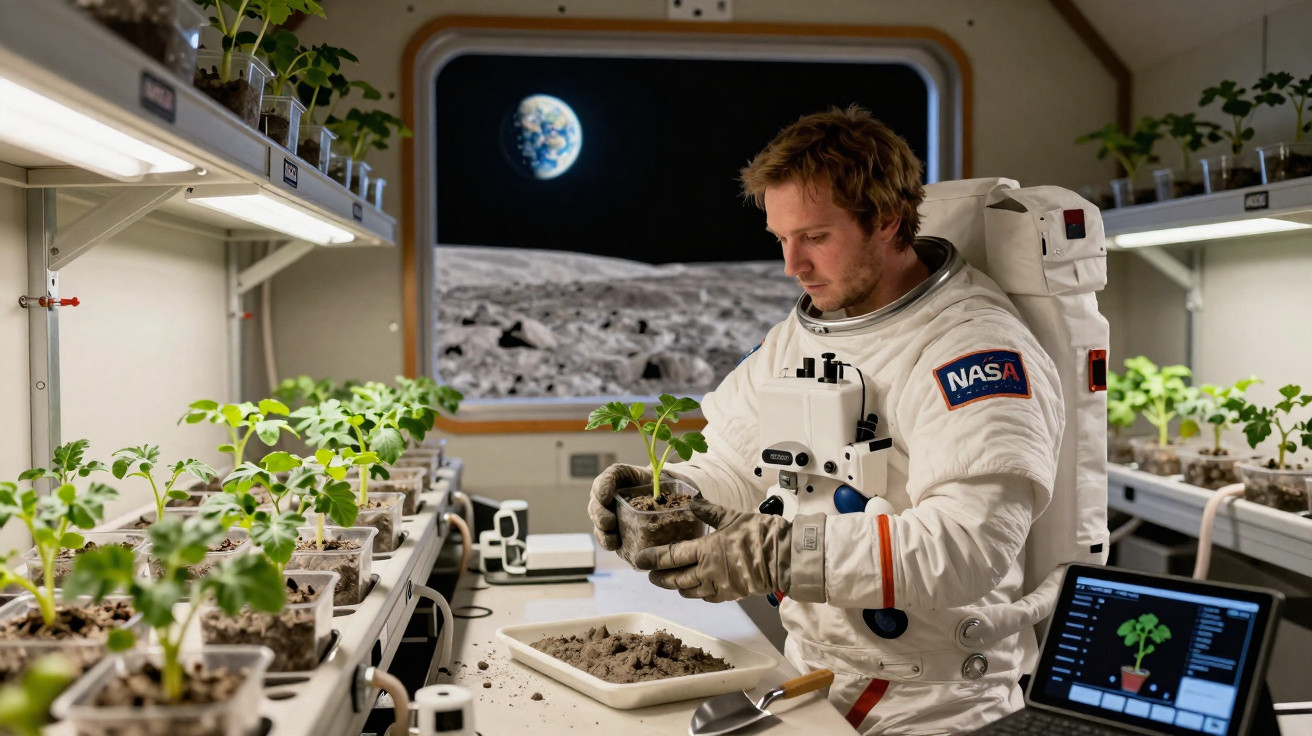 Astronauta em laboratório lunar cuida de plantas em vasos com Terra visível no fundo através da janela.