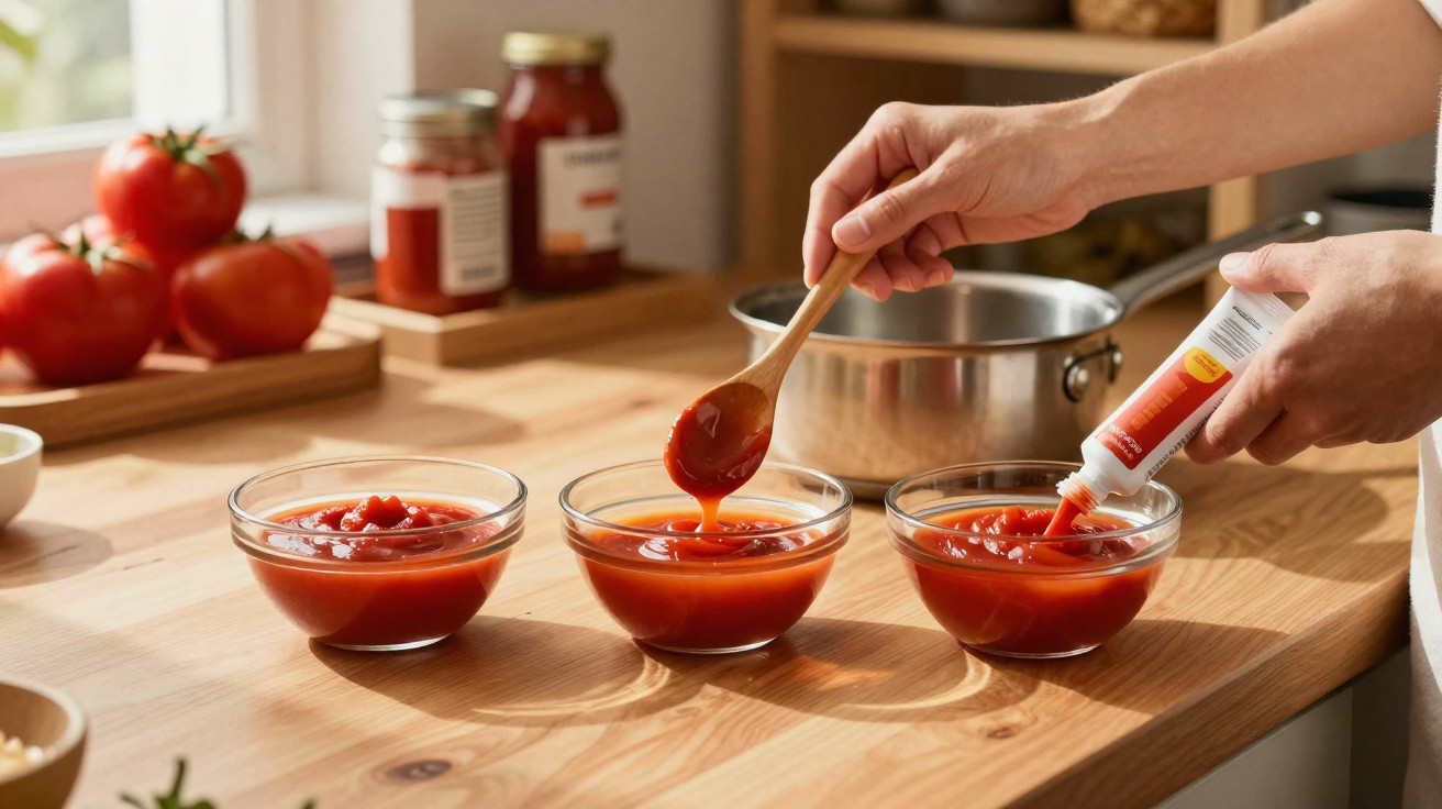 Pessoa colocando molho de tomate em três tigelas de vidro em bancada de madeira na cozinha.