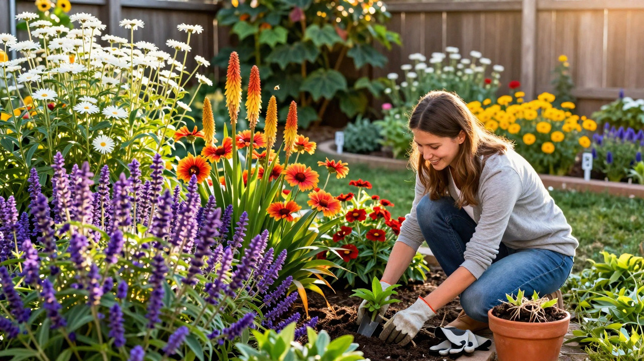 Mulher sorridente plantando flores coloridas em jardim ensolarado com variedade de plantas e flores.