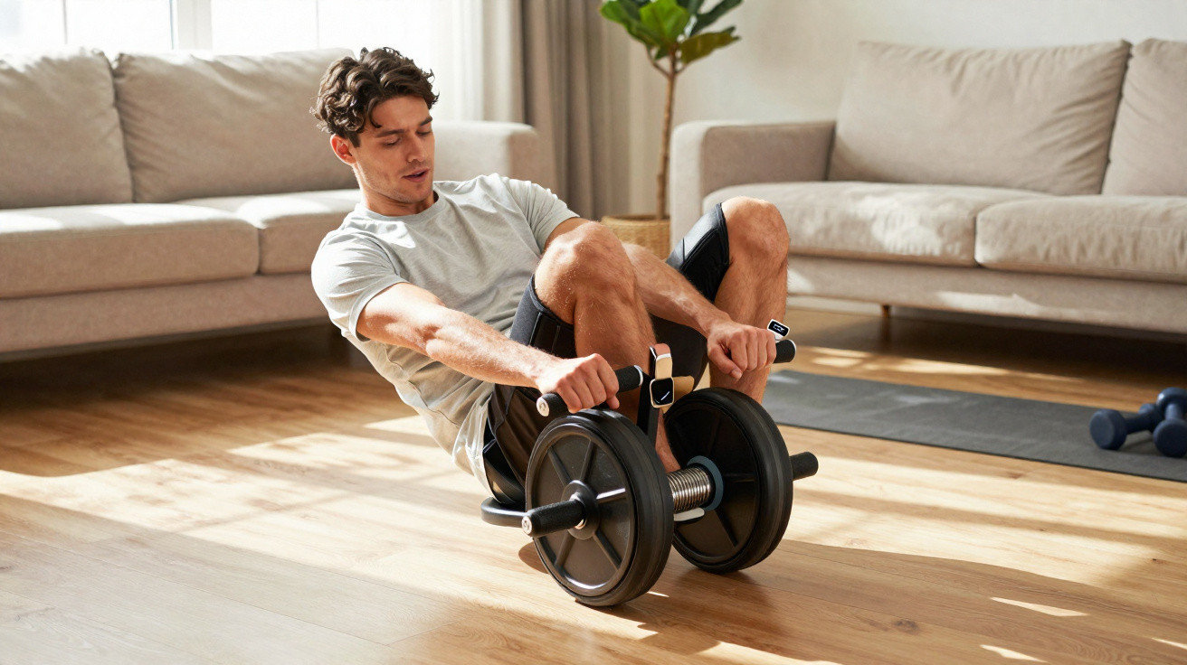 Homem fazendo exercício abdominal com roda de abdominal na sala de estar iluminada por luz natural.