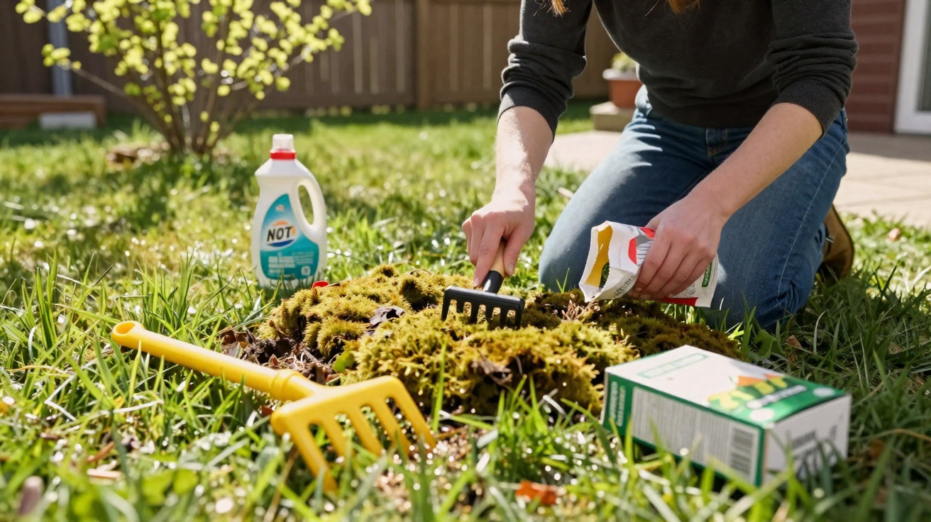 Pessoa plantando grama no jardim com ferramentas e fertilizantes ao redor, em dia ensolarado.