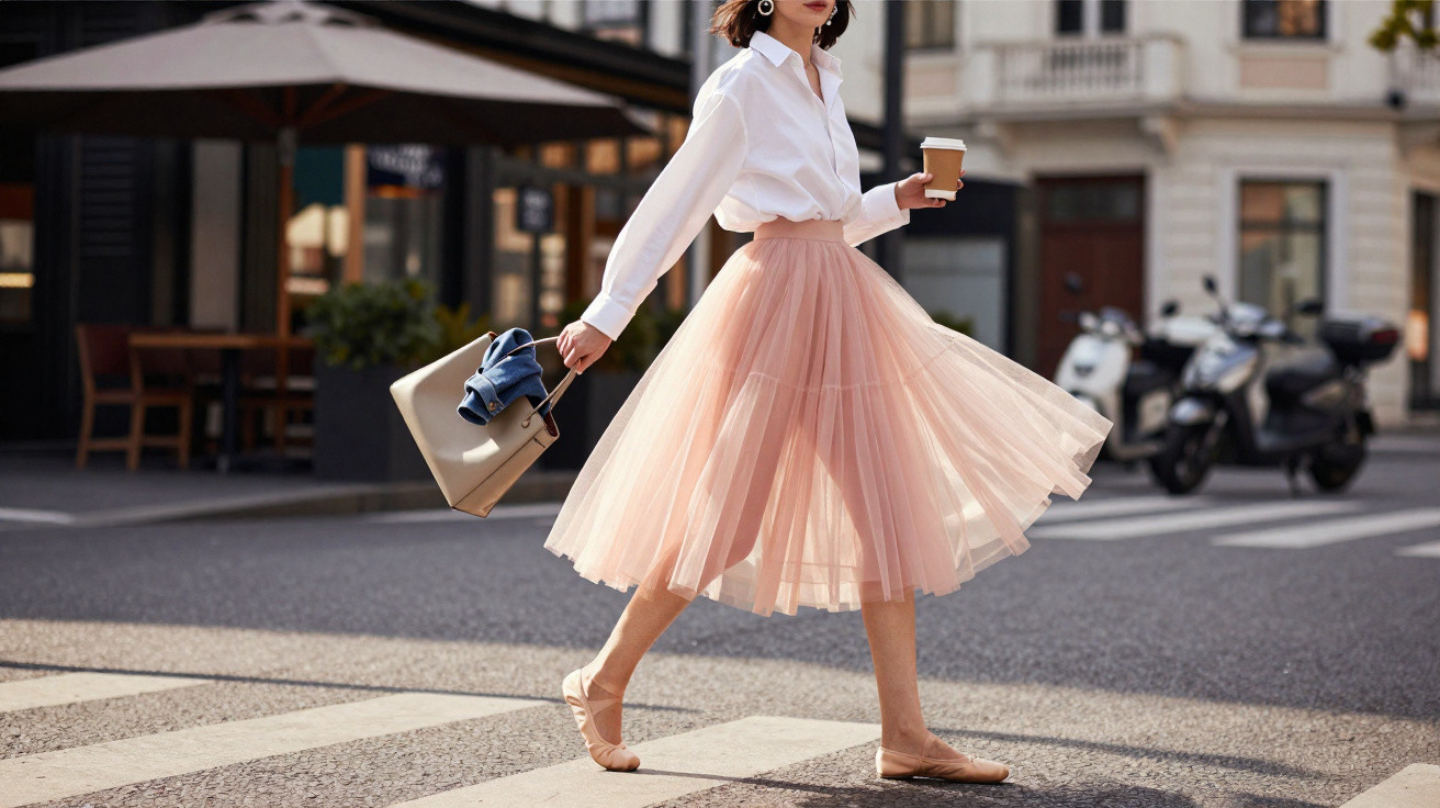 Mulher caminhando na rua com saia rosa rodadinha, camisa branca, sapatilha, bolsa e café na mão.