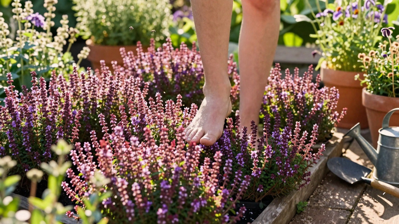 Pés descalços de uma pessoa sobre flores roxas em um jardim com regador e pá ao lado.
