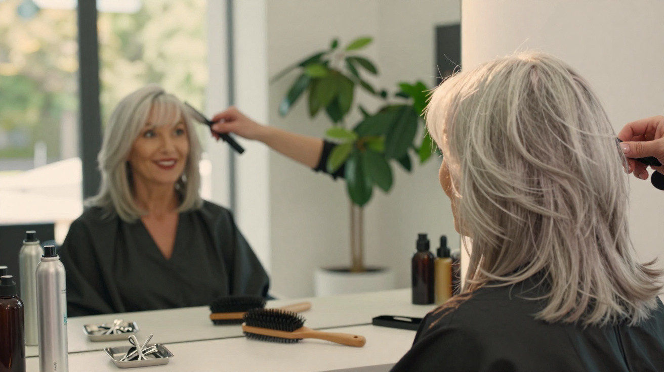 Mulher com cabelo grisalho sendo penteada por um cabeleireiro em salão de beleza moderno.
