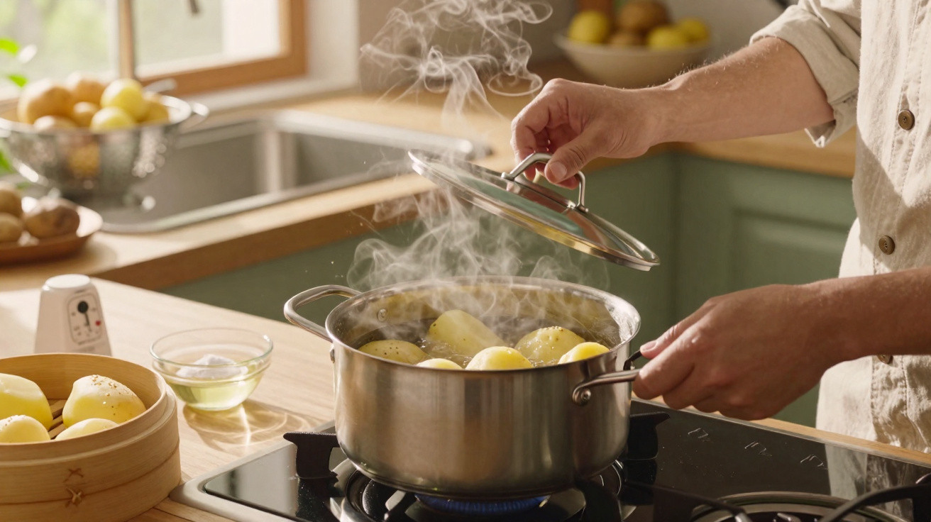 Pessoa retirando tampa de panela com batatas cozinhando no fogão em cozinha iluminada.