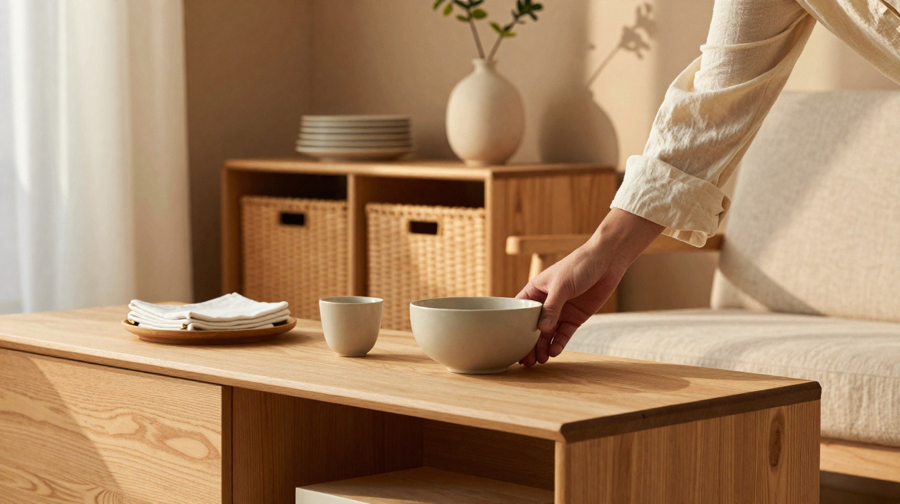 Mão apoiando tigela sobre mesa de madeira clara, ao fundo sofá e estante com cestos e vaso decorativo.