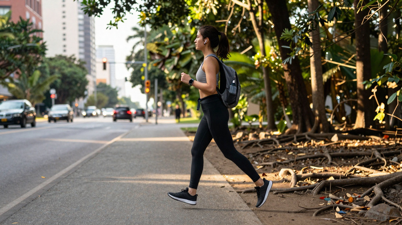 Mulher jovem correndo em calçada urbana ao lado de árvores, usando roupa esportiva preta e mochila.