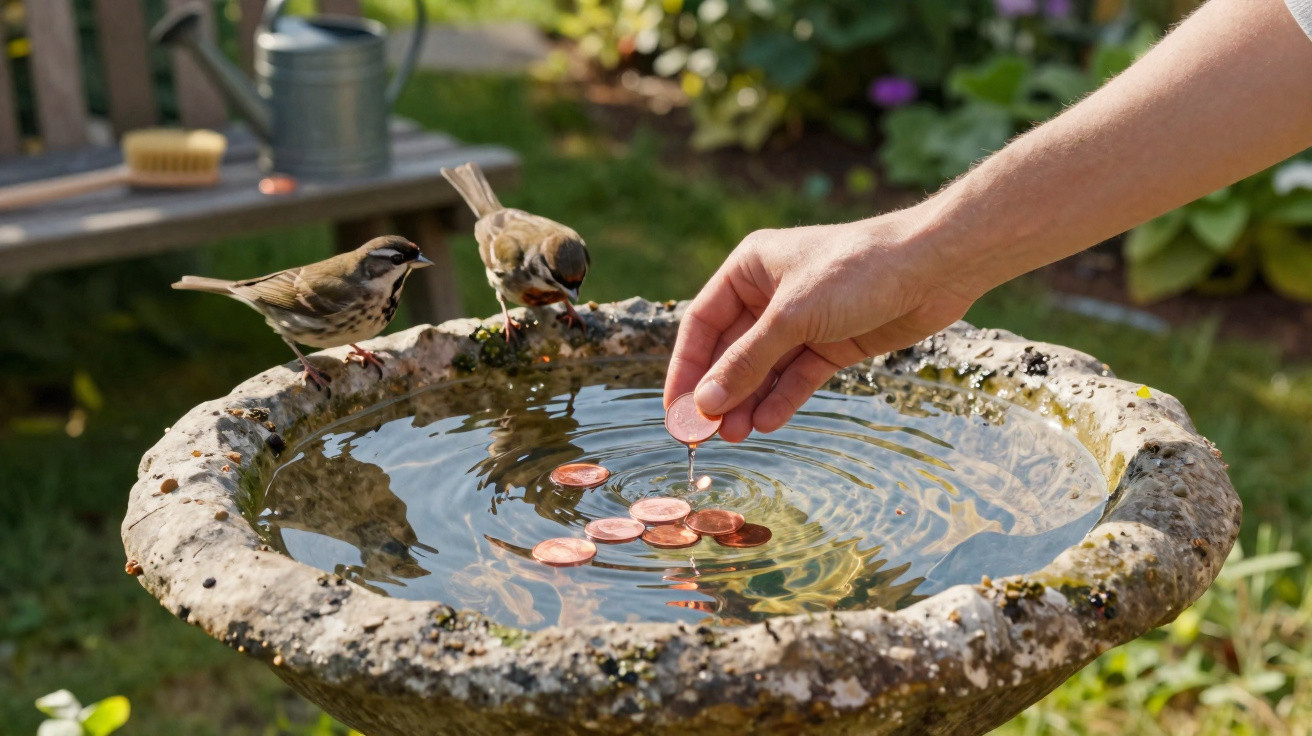 Mão colocando moedas em fonte com dois passarinhos bebendo água em jardim ensolarado.