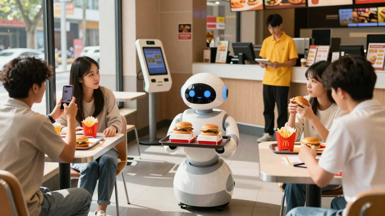 Robô entregando hambúrgueres a quatro jovens sentados em restaurante fast food McDonald's.