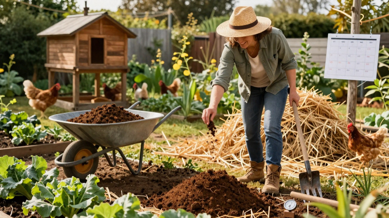 Mulher com chapéu preparando solo em horta com galinhas e galinheiro ao fundo em dia ensolarado.