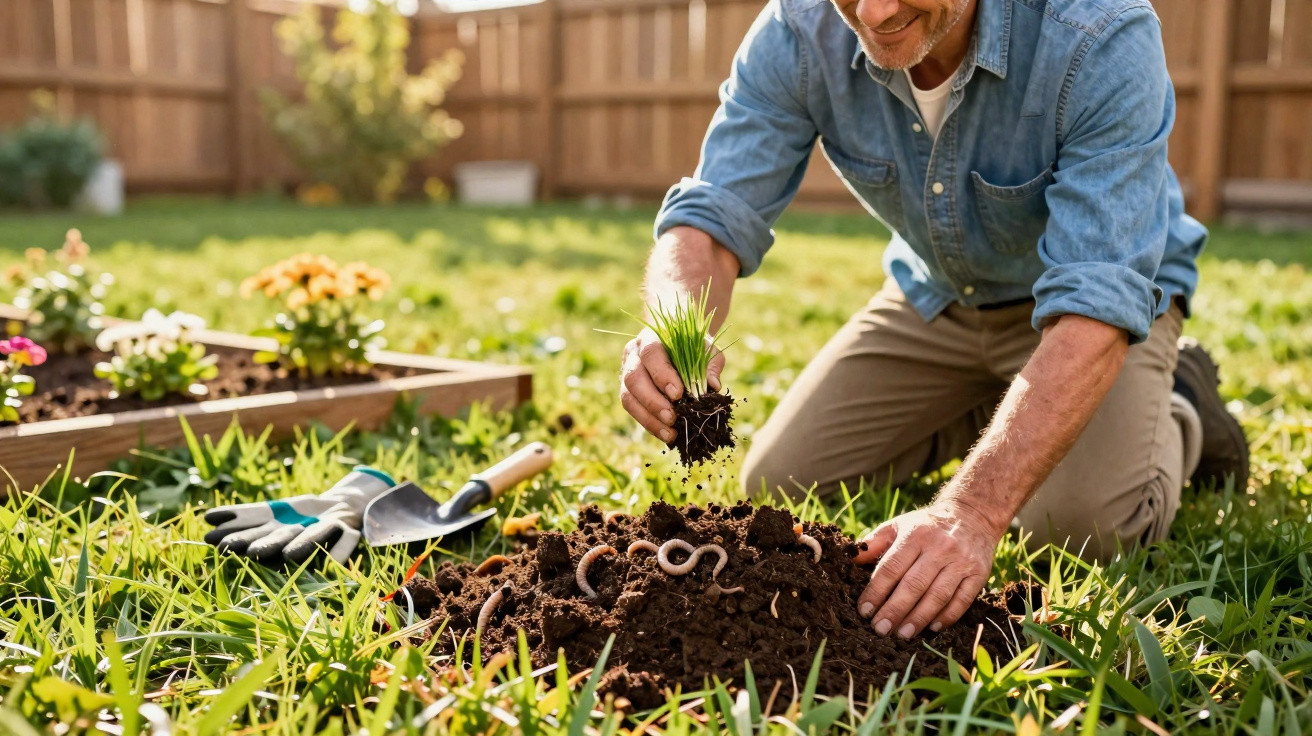 Homem plantando muda em jardim com minhocas na terra, usando camisa jeans e calça cáqui.