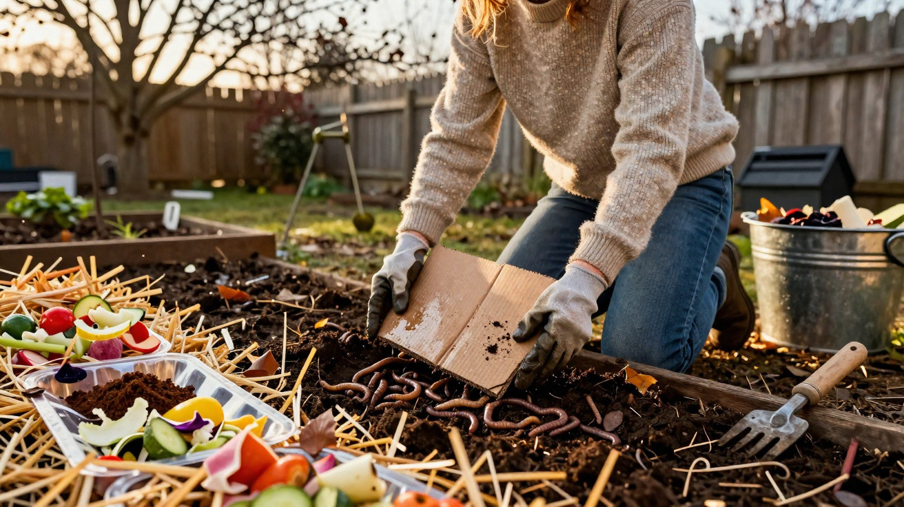 Pessoa abrindo caixa com minhocas em horta caseira para compostagem no solo com restos de alimento e palha.