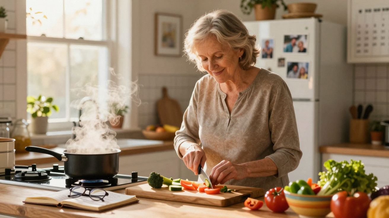 Mulher idosa cortando legumes em uma cozinha iluminada, com panela no fogão soltando vapor.