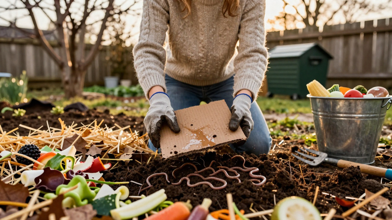 Pessoa preparando minhocário no jardim com restos de alimentos e terra úmida ao entardecer.