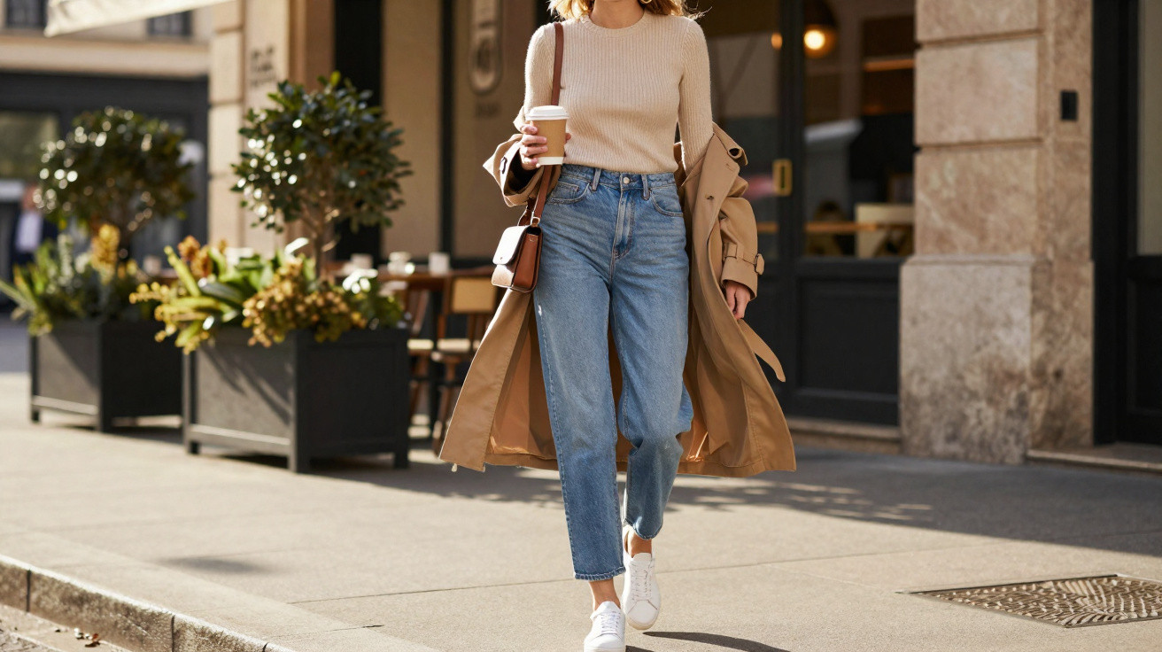 Mulher caminhando na calçada com casaco bege, jeans, suéter claro, tênis branco e café na mão.
