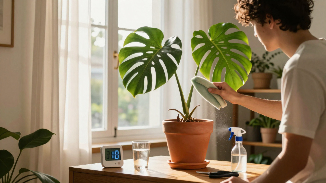 Pessoa limpando planta monstera em vaso na sala iluminada, com umidificador e copo d’água na mesa.