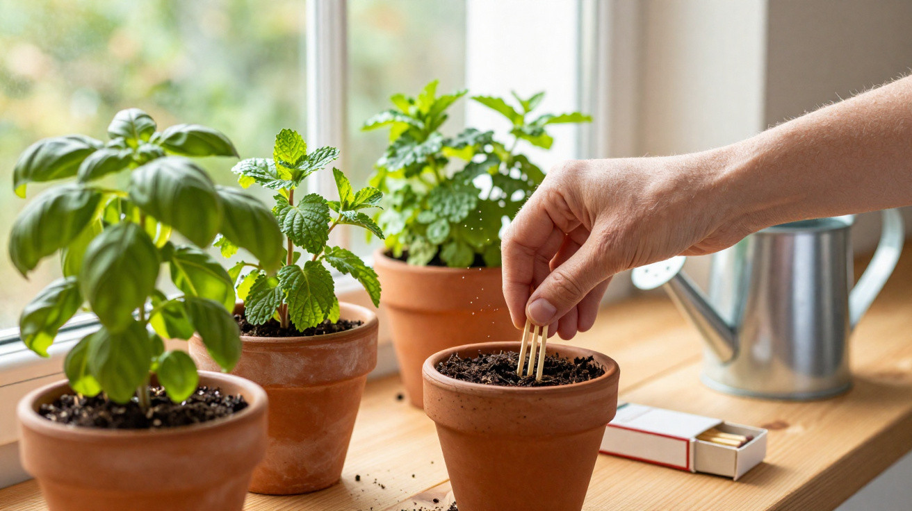 Mão plantando sementes em vaso de barro junto a outros vasos com ervas em peitoril de janela iluminado.